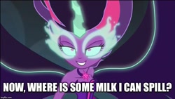 Size: 800x450 | Tagged: safe, edit, edited screencap, screencap, midnight sparkle, sci-twi, twilight sparkle, equestria girls, friendship games, clothes, exploitable meme, image macro, meme, midnight sparkle's lines, pure unfiltered evil, spilled milk