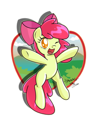 Size: 1957x2500 | Tagged: safe, artist:danmakuman, apple bloom, adorabloom, bipedal, cute, female, filly, looking at you, one eye closed, signature, simple background, smiling, solo, transparent background, wink
