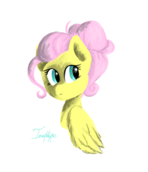 Size: 1024x1190 | Tagged: safe, artist:imaplatypus, fluttershy, pegasus, pony, alternate hairstyle, bust, female, hair bun, looking away, looking sideways, mare, portrait, simple background, solo, stray strand, three quarter view, white background, wings