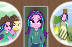 Size: 1505x989 | Tagged: safe, artist:bootsyslickmane, adagio dazzle, aria blaze, fanfic:the shadowbolts adventures, equestria girls, rainbow rocks, alternate costumes, alternate hairstyle, angry, burning at the stake, cloth gag, clothes, cowboy hat, dress, easter egg, execution, fanfic, fanfic art, flashback, gag, hat, hoodie, immortal, log, lying down, messy hair, missing accessory, on back, pitchfork, running, sad, stake, tied up, torch, town of salem, tree, witch, witch trials