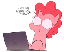 Size: 646x527 | Tagged: safe, artist:sunibee, pinkie pie, earth pony, pony, computer, laptop computer, reaction image, simple background, solo, transparent background, vulgar