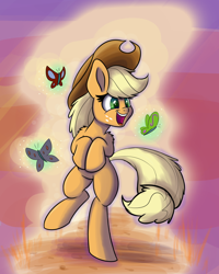 Size: 1000x1250 | Tagged: safe, artist:heir-of-rick, applejack, butterfly, earth pony, pony, daily apple pony, bipedal, cute, impossibly large ears, jackabetes, silly, silly pony, smiling, solo