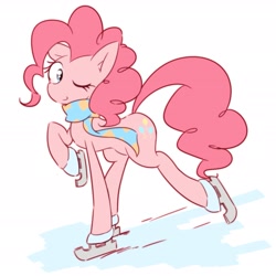 Size: 2651x2647 | Tagged: safe, artist:akainu_pony, pinkie pie, earth pony, pony, clothes, cute, diapinkes, ice skates, ice skating, one eye closed, raised hoof, scarf, skating, smiling, solo, wink