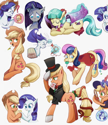 Size: 776x900 | Tagged: dead source, safe, artist:foresterrr, applejack, bon bon, coco pommel, rarity, sweetie drops, earth pony, pony, unicorn, applejack also dresses in style, blanket, candy, candy bag, card, food, hair dryer, hat, hay stalk, hoofshake, levitation, magic, magician outfit, mirror, mouth hold, pixiv, telekinesis, top hat, towel, wet, wet mane, wet mane rarity