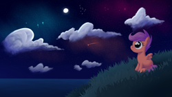 Size: 3840x2160 | Tagged: safe, artist:moonatik, derpibooru import, scootaloo, pegasus, pony, 4k, cloud, female, filly, foal, grass, high res, hill, lineless, moon, night, ocean, orion (constellation), shooting star, sitting, solo, space, starry night, stars, wallpaper