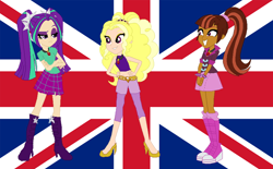 Size: 1234x765 | Tagged: safe, artist:animeponynintendo, adagio dazzle, aria blaze, sonata dusk, equestria girls, british, clothes, headcanon, human coloration, humanized, midriff, moderate dark skin, realism edits, skirt, union jack, united kingdom