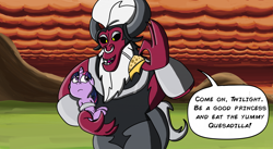 Size: 4389x2400 | Tagged: safe, artist:saburodaimando, lord tirek, twilight sparkle, twilight sparkle (alicorn), alicorn, pony, absurd resolution, bad end, belly button, bondage, floppy ears, food, frown, holding a pony, not salmon, open mouth, pure unfiltered evil, quesadilla, scared, smiling, smirk, the bad guy wins, they're just so cheesy, this will end in tears, tied up, torture, wat, you monster