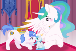 Size: 1024x688 | Tagged: safe, artist:leanne264, princess celestia, oc, oc:blue guardian, oc:skyfall, alicorn, pegasus, pony, unicorn, baby, baby pony, boop, colt, female, filly, male, noseboop, offspring, parent:princess celestia, parent:royal guard, parents:canon x oc, parents:guardlestia