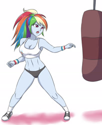 Size: 1764x2152 | Tagged: safe, artist:sumin6301, derpibooru import, rainbow dash, equestria girls, armpits, breasts, cleavage, clothes, converse, female, open mouth, punching bag, rainboob dash, shoes, solo, sports bra, sports panties, workout