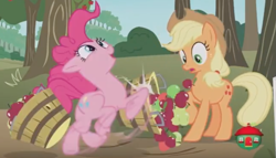 Size: 969x554 | Tagged: safe, derpibooru import, screencap, applejack, pinkie pie, earth pony, pony, not asking for trouble, basket, bump, bushel basket, clumsy, pure unfiltered evil, surprised