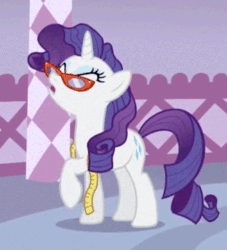 Size: 327x360 | Tagged: safe, screencap, rarity, pony, unicorn, suited for success, animated, gif, glasses, measuring tape, rarity's glasses, scrunchy face, solo, stomping