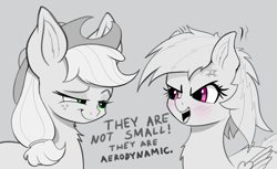 Size: 3279x2002 | Tagged: safe, artist:xbi, derpibooru import, applejack, rainbow dash, earth pony, pegasus, pony, applejack's hat, blushing, cowboy hat, cross-popping veins, dialogue, ear twitch, ears, embarrassed, female, gray background, hat, implied crotchboobs, looking at each other, mare, monochrome, neo noir, partial color, simple background, size difference, small ears, smugjack