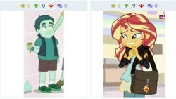 Size: 680x383 | Tagged: safe, edit, edited screencap, screencap, leafy mint, mint chip, sunset shimmer, equestria girls, mirror magic, spoiler:eqg specials, background human, bag, clothes, derpibooru, food, ice cream, juxtaposition, male, meta, offscreen character, pure unfiltered evil, shoes, shorts, smiling