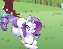 Size: 524x410 | Tagged: safe, artist:bigdad, edit, rarity, pony, unicorn, blushing, bush, butt blush, dreamworks face, female, flower, grass, looking at you, mare, outdoors, plot, rearity, smiling, smirk, solo, tree