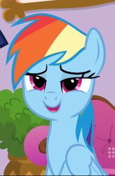 Size: 507x771 | Tagged: safe, derpibooru import, screencap, rainbow dash, pegasus, pony, spoiler:deep tissue memories, spoiler:mlp friendship is forever, cropped, cute, dashabetes, deep tissue memories, lidded eyes, open mouth, smiling, solo