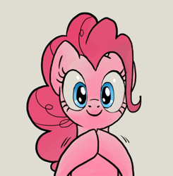 Size: 319x326 | Tagged: safe, artist:pencils, edit, pinkie pie, earth pony, pony, bust, c:, cropped, cute, diapinkes, female, gray background, hooves together, looking at you, mare, portrait, rubbing hooves, simple background, smiling, solo