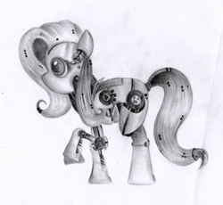 Size: 4730x4345 | Tagged: safe, artist:fladdrarblyg, fluttershy, pegasus, pony, robot, absurd resolution, flutterbot, grayscale, monochrome, pencil drawing, profile, raised hoof, solo, traditional art