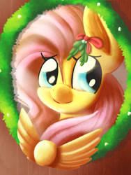 Size: 1536x2048 | Tagged: safe, artist:silviasilvar, fluttershy, pegasus, pony, bust, looking away, looking sideways, mistletoe, portrait, smiling, solo, stray strand