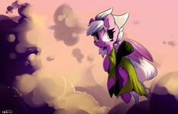 Size: 5000x3200 | Tagged: safe, artist:bloodatius, cloudchaser, pegasus, pony, clothes, cloud, commission, female, flying, mare, scenery, smiling, solo