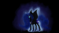 Size: 1920x1080 | Tagged: safe, artist:zaphy1415926, derpibooru import, nightmare moon, alicorn, pony, black background, cutie mark, ethereal mane, female, glowing eyes, helmet, jewelry, mare, regalia, simple background, solo, spread wings, starry mane, wallpaper, wings