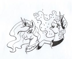 Size: 818x670 | Tagged: safe, artist:kuroneko, derpibooru exclusive, princess celestia, princess luna, alicorn, pony, crying, duo, female, ink drawing, jewelry, laughing, lineart, mare, monochrome, necklace, pouting, royal sisters, simple background, sisters, traditional art, white background