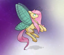 Size: 1024x890 | Tagged: safe, artist:katarina-dash, fluttershy, insect, pegasus, pony, antennae, blushing, butterfly wings, chest fluff, floating, looking up, profile, solo, unshorn fetlocks