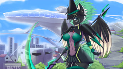 Size: 3500x1969 | Tagged: safe, artist:redwix, derpibooru import, oc, oc only, oc:alpine apotheon, anthro, anime crossover, armor, breasts, city, cityscape, crossover, female, igalima, kirika akatsuki, nipple outline, nipples, outfit, scythe, senki zessho symphogear, symphogear, unconvincing armor, wallpaper, weapon, ych result