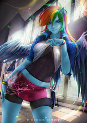 Size: 848x1200 | Tagged: safe, alternate version, artist:axsens, color edit, derpibooru import, edit, editor:drakeyc, rainbow dash, equestria girls, 2020, 2020s, chromatic aberration, clothes, colored, compression shorts, eyeshadow, fit, hand on hip, jacket, makeup, pink eyes, pony ears, rainbow, seductive, seductive pose, sexy, shirt, shirt lift, shorts, skin color edit, skirt, smiling, smiling at you, solo, stupid sexy rainbow dash, sultry pose, tomboy, undershirt, watermark, winged humanization, wings, wristband