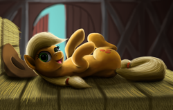 Size: 3192x2043 | Tagged: safe, artist:odooee, applejack, earth pony, pony, barn, cute, jackabetes, legs in air, on back, open mouth, solo