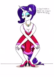 Size: 2468x3492 | Tagged: safe, artist:killerteddybear94, rarity, anthro, unicorn, beautisexy, breasts, charleston, cleavage, clothes, dancing, dancity, dialogue, dress, eyeshadow, female, hair bun, jewelry, lidded eyes, looking at you, makeup, mare, necklace, open mouth, seductive look, shoes, smiling, talking to viewer, traditional art