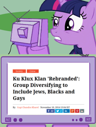 Size: 841x1105 | Tagged: safe, derpibooru import, twilight sparkle, exploitable meme, ku klux klan, meme, obligatory pony, tv meme, wat