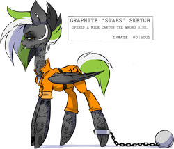 Size: 1280x1097 | Tagged: safe, artist:kez, oc, oc only, oc:graphite sketch, pony, badass, clothes, prison outfit, prisoner, pure unfiltered evil, solo, tattoo, vulgar