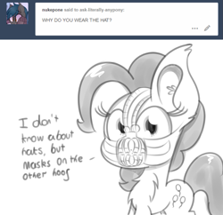 Size: 1031x1000 | Tagged: safe, artist:pastelhorses, pinkie pie, earth pony, pony, ask, bane, monochrome, solo, text, tumblr