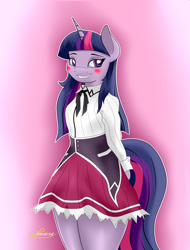 Size: 1900x2500 | Tagged: safe, artist:lordzid, derpibooru import, twilight sparkle, anthro, blushing, clothes, schoolgirl, skirt