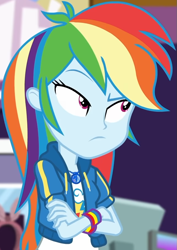 Size: 635x898 | Tagged: safe, derpibooru import, screencap, rainbow dash, better together, equestria girls, holidays unwrapped, canterlot mall, clothes, cloud, cropped, crossed arms, cute, dashabetes, dashing through the mall, female, geode of super speed, jacket, jewelry, lidded eyes, magical geodes, merchandise, necklace, rainbow, raised eyebrow, shirt, short sleeves, store, t-shirt, thunderbolt, unamused, wristband