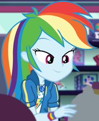 Size: 882x1080 | Tagged: safe, derpibooru import, screencap, rainbow dash, better together, equestria girls, holidays unwrapped, clothes, cloud, cropped, cute, dashabetes, dashing through the mall, female, geode of super speed, jacket, jewelry, lidded eyes, looking down, magical geodes, merchandise, necklace, rainbow, shirt, short sleeves, smiling, store, stuffed animals, t-shirt, thunderbolt, wristband