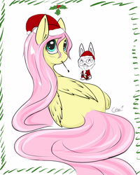 Size: 2000x2500 | Tagged: safe, artist:chapaevv, angel bunny, fluttershy, pegasus, pony, christmas, clothes, costume, hat, holly, looking at you, looking back, santa costume, santa hat, simple background