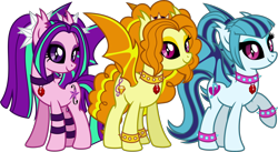 Size: 5592x3075 | Tagged: safe, artist:osipush, adagio dazzle, aria blaze, sonata dusk, equestria girls, absurd resolution, alternate universe, black sclera, bracelet, choker, equestria girls ponified, gem, heroes of might and magic, jewelry, pendant, ponies of flight and magic, ponified, raised hoof, siren gem, smiling, spiked choker, spiked wristband, the dazzlings, trio