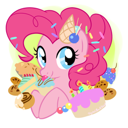 Size: 2100x2100 | Tagged: safe, artist:bigbuxart, pinkie pie, earth pony, pony, bust, cake, candle, cinnamon bun, cookie, cupcake, cute, dessert, diapinkes, food, pie, portrait, solo