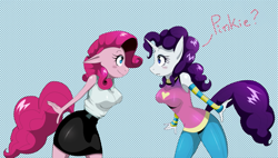 Size: 1529x870 | Tagged: safe, artist:traupa, pinkie pie, rarity, anthro, accessory swap, blushing, breasts, clothes, clothes swap, dialogue, duo, female, mane swap, personality swap, pinkie pies, raritits, rarity hair, role reversal, sudden style change