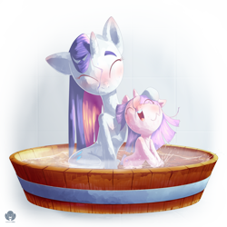Size: 1920x1920 | Tagged: safe, artist:halem1991, rarity, sweetie belle, pony, unicorn, bathing, cute, eyes closed, female, filly, hot water, mare, sisters, smiling, splash, steam, water, wet, wet mane