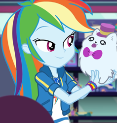 Size: 1025x1080 | Tagged: safe, derpibooru import, screencap, rainbow dash, better together, equestria girls, holidays unwrapped, bowtie, clothes, cloud, cropped, cute, dashabetes, dashing through the mall, female, geode of super speed, hat, jacket, jewelry, lidded eyes, magical geodes, merchandise, necklace, pockets, rainbow, shirt, short sleeves, smiling, store, stuffed animals, t-shirt, thunderbolt, wristband