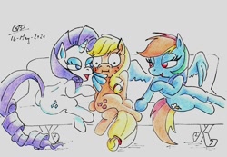 Size: 1024x710 | Tagged: safe, artist:gafelpoez, derpibooru import, applejack, rainbow dash, rarity, earth pony, pegasus, pony, unicorn, appledash, female, lesbian, polyamory, rarijack, rarijackdash, shipping