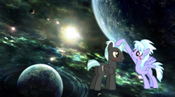 Size: 959x533 | Tagged: safe, artist:walshmjoey, derpibooru import, cloudchaser, thunderlane, pegasus, pony, female, male, mare, shipping, space, stallion, straight, thunderchaser, wallpaper