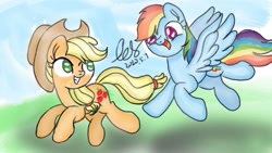 Size: 1334x750 | Tagged: safe, artist:crystal snow, derpibooru import, applejack, rainbow dash, earth pony, pegasus, pony, appledash, applejack's hat, cowboy hat, cute, cutie mark, female, flying, happy, hat, hooves, lesbian, my little pony, running, shipping