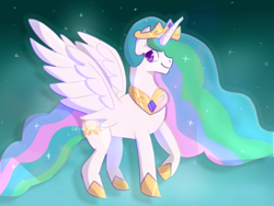 Size: 540x405 | Tagged: safe, artist:corvidcactus, princess celestia, alicorn, pony, female, looking at you, mare, solo, spread wings, wings