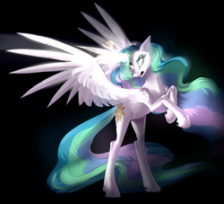 Size: 2843x2581 | Tagged: safe, artist:mp-printer, princess celestia, alicorn, pony, black background, female, glowing horn, horn, magic, mare, open mouth, rearing, simple background, solo, spread wings, white eyes, wings