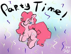 Size: 1600x1200 | Tagged: safe, artist:tamyarts, pinkie pie, earth pony, pony, confetti, cute, eyes closed, jumping, midair, mouth hold, party horn, party time, ponk, smiling, solo