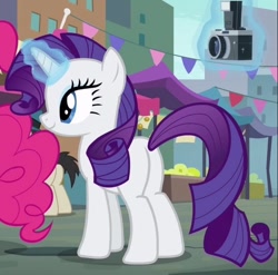 Size: 580x574 | Tagged: safe, screencap, pinkie pie, rarity, pony, unicorn, the gift of the maud pie, camera, cropped, female, magic, mare, plot, smiling