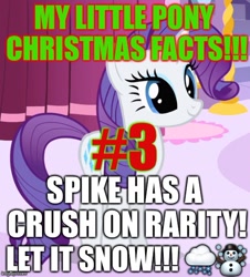 Size: 500x553 | Tagged: safe, edit, edited screencap, screencap, rarity, spike, dragon, pony, unicorn, captain obvious, caption, christmas, emoji, excessive exclamation marks, fun fact, holiday, image macro, implied shipping, implied sparity, implied straight, my little pony christmas facts, op is a slowpoke, snow, snowman, text, you don't say